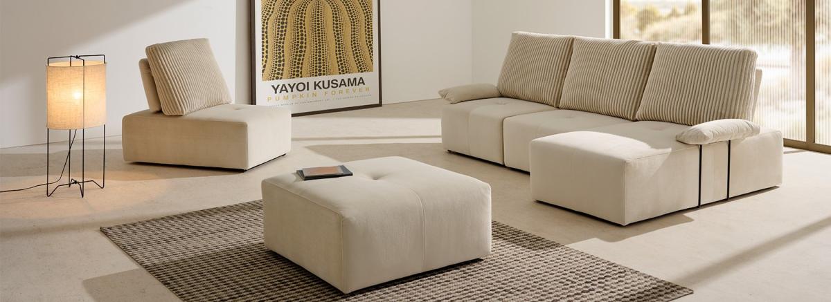 Canapé modulable beige avec velours cotele Salons Plus